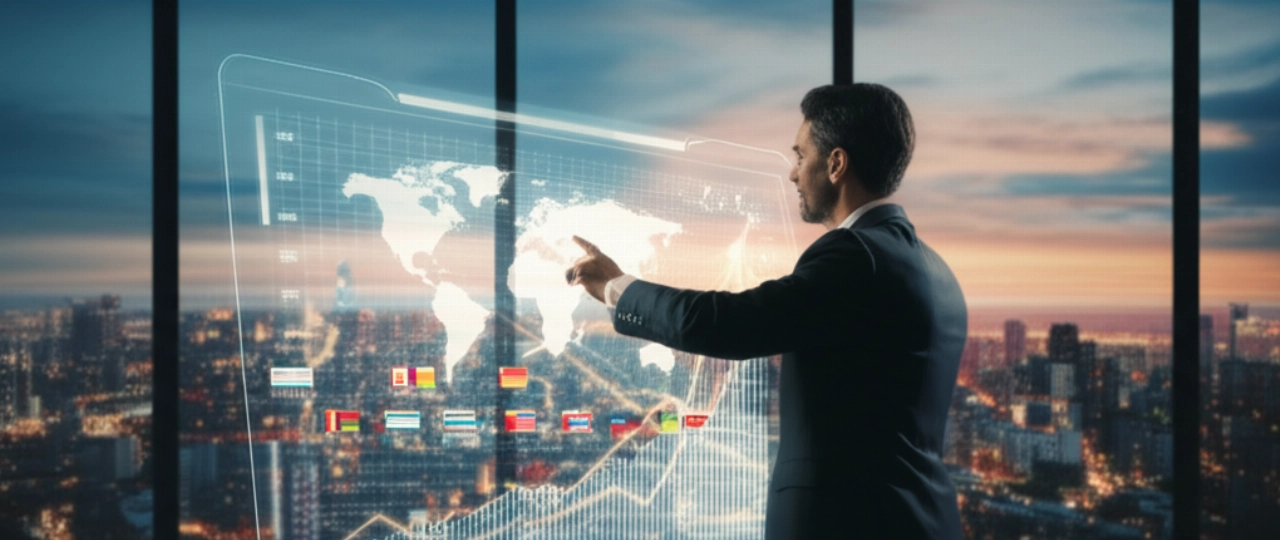 Un fiducioso imprenditore caucasico che osserva lo skyline di una città, indicando un display olografico che mostra la crescita delle vendite globali e l'espansione del mercato multilingue.