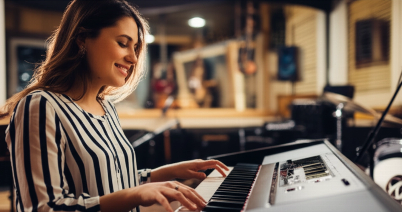 Donna caucasica che suona un pianoforte elettrico in uno studio.