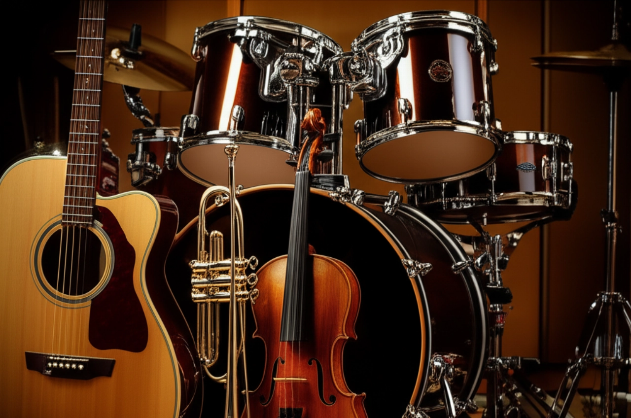 Assortimento di strumenti musicali di alta qualità esposti in uno showroom.