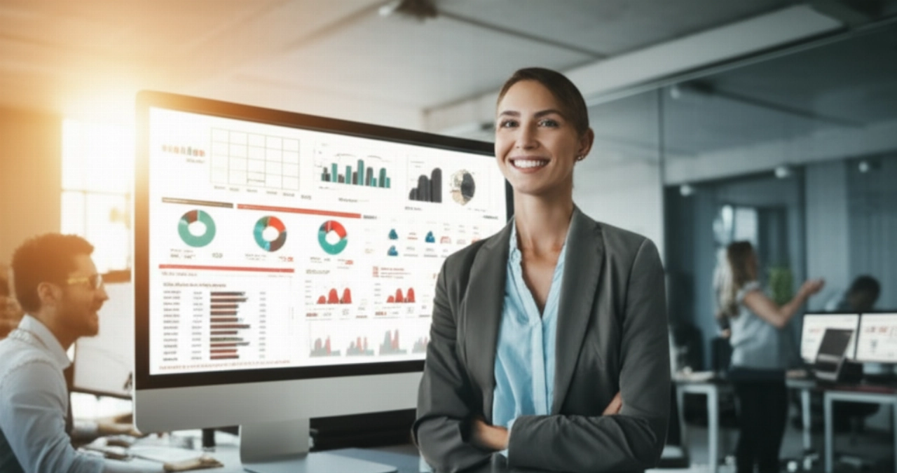 Un'immagine fotorealistica di una CEO sorridente in un ufficio moderno, in piedi davanti a uno schermo che mostra grafici di vendita e-commerce di successo, a simboleggiare la crescita aziendale.