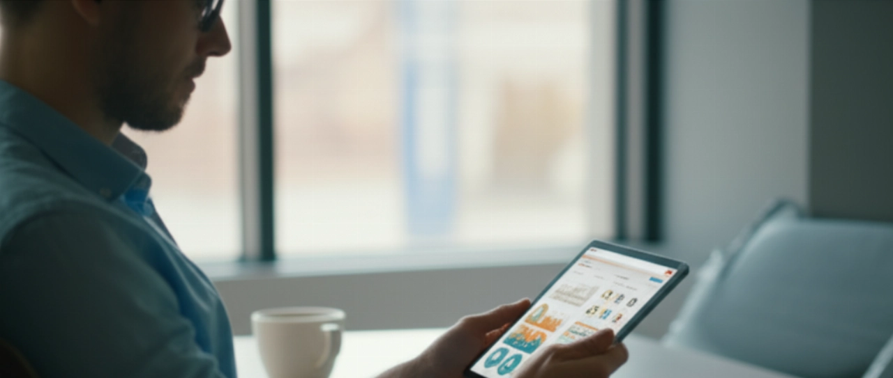 Un'immagine ultra-dettagliata di un imprenditore che gestisce con calma l'e-commerce su un tablet con un'interfaccia simile a NetSuite, riflettendo la facilità d'uso.