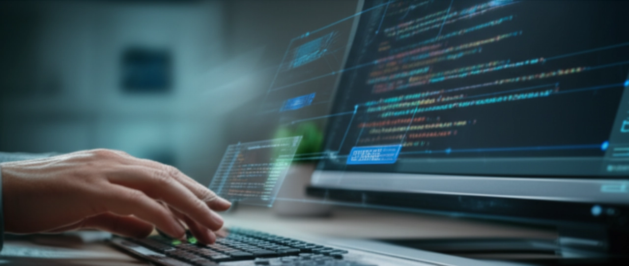 Primo piano delle mani di uno sviluppatore caucasico che digita codice relativo a un sistema di prenotazione online su un monitor ad alta risoluzione in un ufficio moderno, simboleggiando lo sviluppo efficiente del backend.