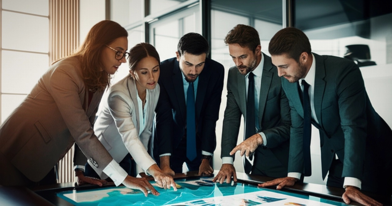 Un gruppo di professionisti aziendali caucasici che collaborano attorno a un grande schermo che mostra grafici di crescita e orari ottimizzati da un sistema di prenotazione online, simboleggiando il successo e l'efficienza aziendale.