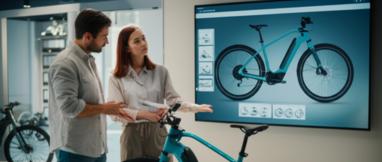 Una coppia caucasica ammira una bicicletta elettrica personalizzata, collegando il design digitale su schermo al prodotto fisico.
