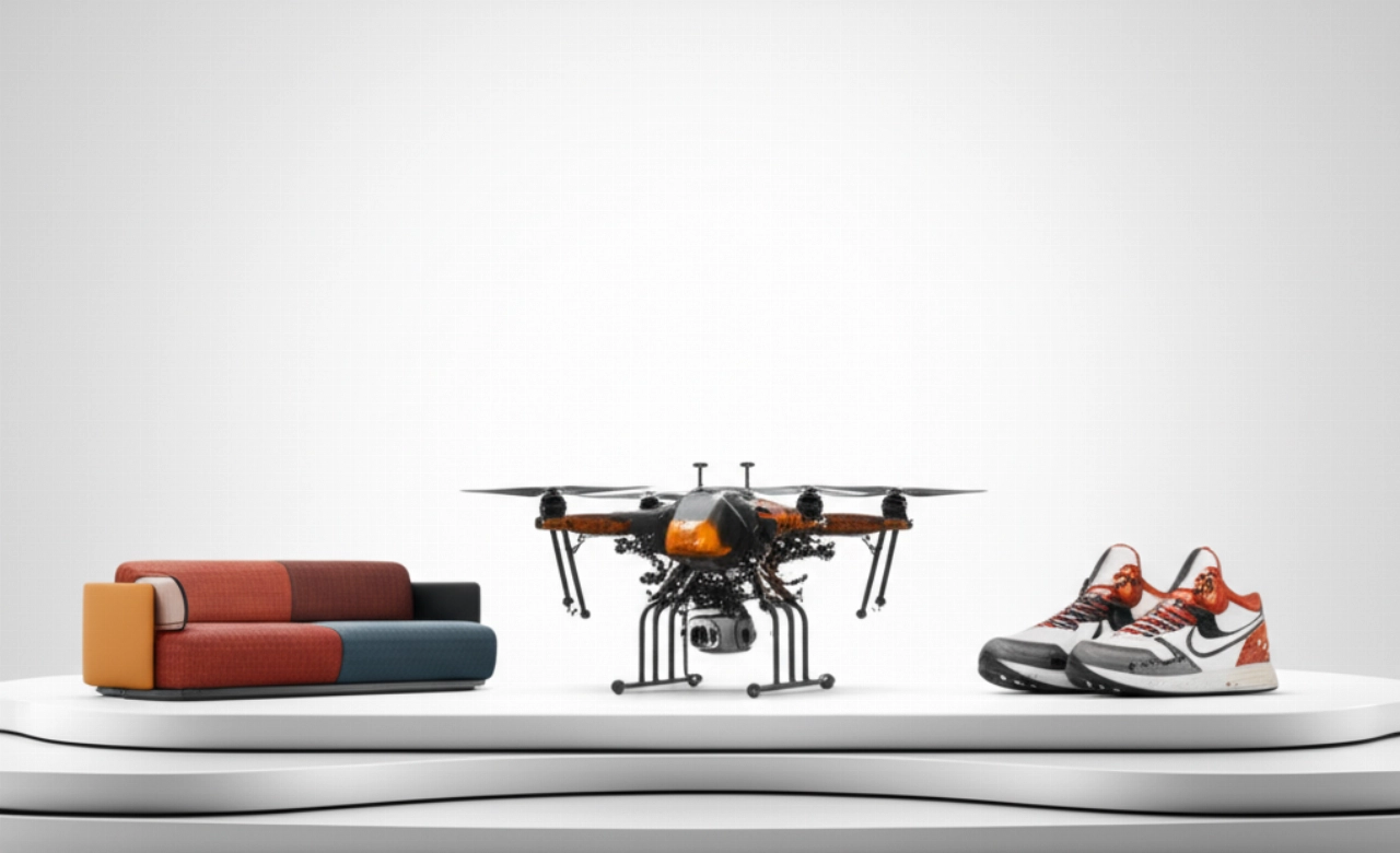 Esposizione in studio di un divano, drone e sneakers personalizzati, che mostrano le ampie opzioni di configurazione di un configuratore online.
