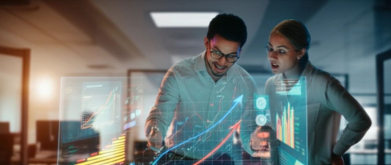 Un team di due professionisti del marketing caucasici collabora con entusiasmo attorno a un grande display olografico interattivo che mostra grafici di crescita 3D dinamici e metriche di campagna di successo, simboleggiando le massime prestazioni.