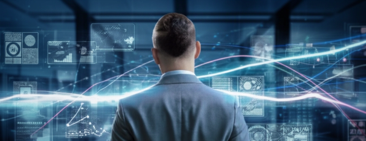 Un dirigente marketing caucasico fiducioso supervisiona un complesso ecosistema digitale interconnesso in una moderna sala di controllo dati, con flussi di dati luminosi e schemi astratti di reti neurali, trasmettendo automazione intelligente e supervisio