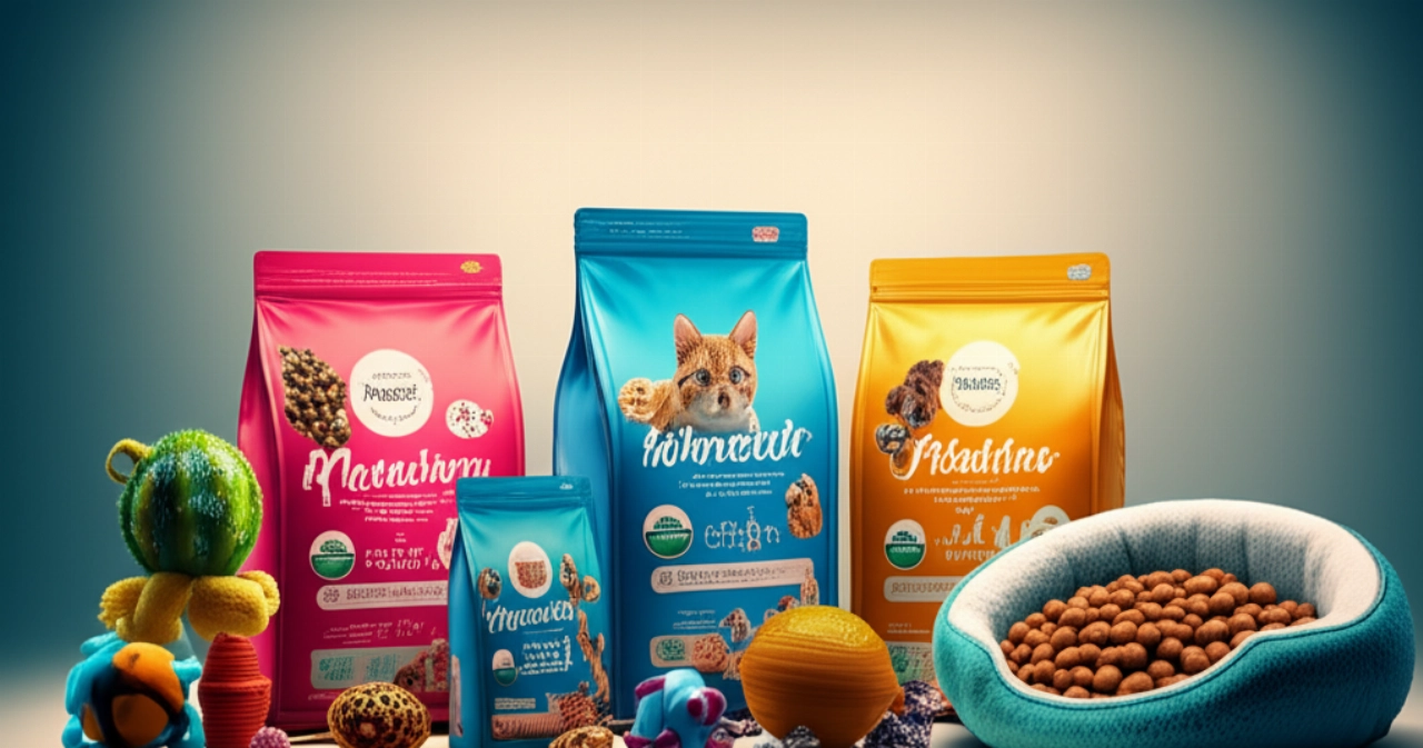 Una disposizione meticolosamente curata di vari prodotti premium per animali domestici, tra cui sacchi colorati di cibo, una morbida cuccia e giocattoli divertenti, su uno sfondo pulito e minimalista.