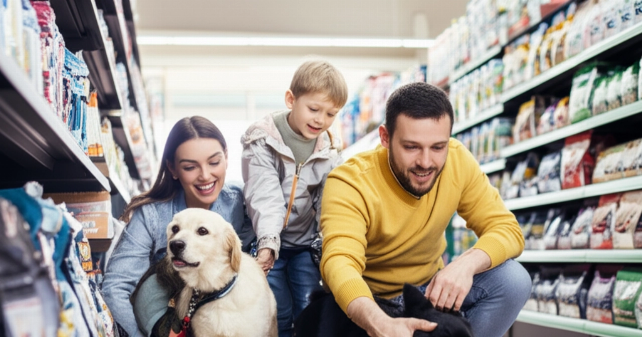 Una felice famiglia caucasica, composta da madre, padre e figlio, che sorride mentre sfoglia prodotti per animali domestici con il loro cane al guinzaglio in un negozio di animali spazioso e accogliente.