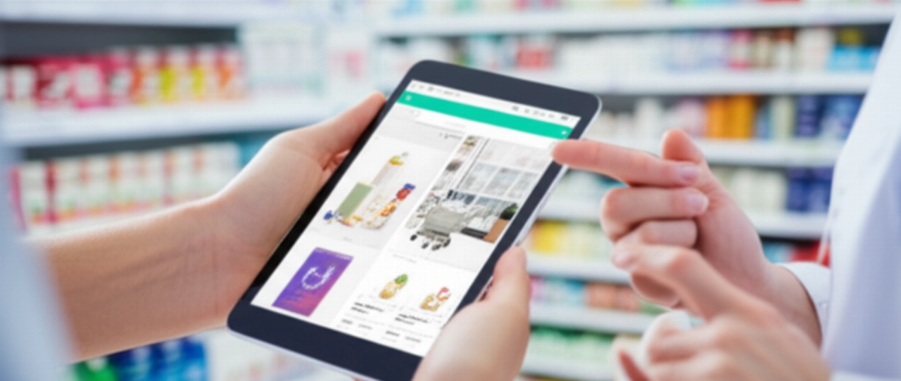 Primo piano iperrealistico di mani caucasiche che utilizzano uno smartphone/tablet con un'app di e-commerce farmaceutico, illustrando lo shopping online facile per prodotti sanitari.