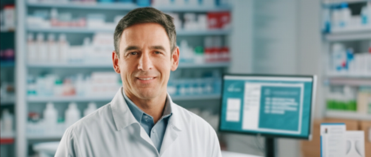 Immagine iperrealistica di un farmacista maschio caucasico in un ambiente moderno, che simboleggia fiducia e servizi farmaceutici online efficienti e soluzioni di e-commerce.