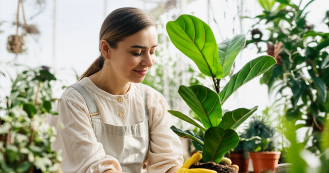 Una donna caucasica sorridente che rinvasa delicatamente una pianta di Fico Lira in un luminoso giardino interno baciato dal sole.