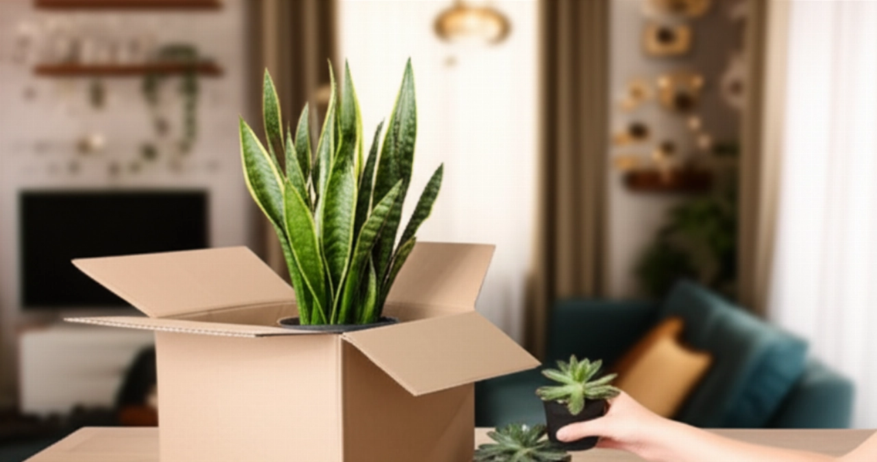 Una scatola di consegna elegante parzialmente aperta che rivela una rigogliosa pianta di Sansevieria, con una mano che estrae delicatamente un'altra succulenta, su un tavolo moderno.