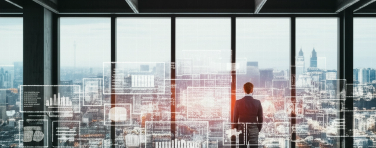 Imprenditore che osserva un paesaggio urbano con sovrapposizioni di dati e-commerce digitali, simboleggiando crescita e maestria digitale.
