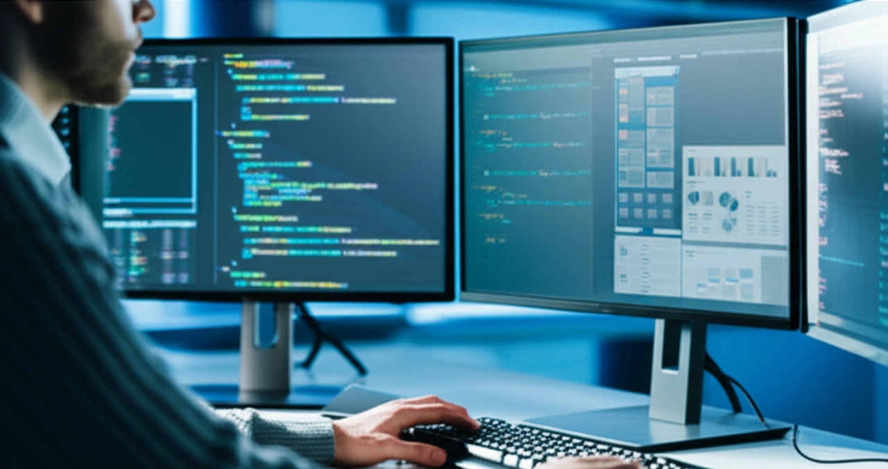 Sviluppatore di agenzia Prestashop concentrato su workstation multi-monitor, che mostra codice e backend e-commerce per l'ottimizzazione.