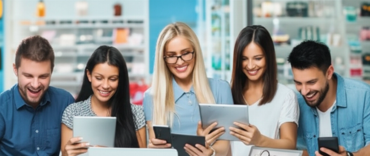 Diversi clienti caucasici navigano felicemente tra i prodotti online su vari dispositivi, illustrando un'esperienza di e-commerce piacevole e senza interruzioni.
