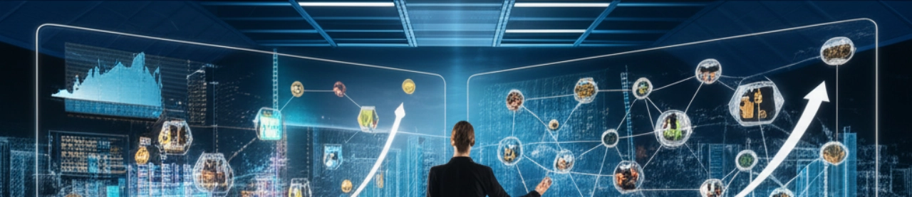 Immagine iperrealistica che mostra un imprenditore caucasico che supervisiona un paesaggio digitale dinamico che rappresenta il potenziale di crescita e scalabilità degli ecosistemi e-commerce Prestashop e Woocommerce.