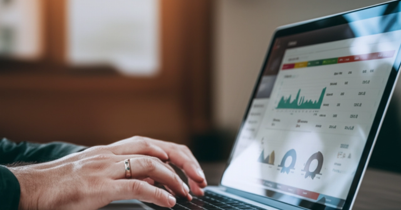 Primo piano iperrealistico di mani caucasiche che interagiscono con una dashboard e-commerce elegante su un laptop, sottolineando l'esperienza utente fluida e la gestione efficiente offerte da piattaforme come Prestashop o Woocommerce.