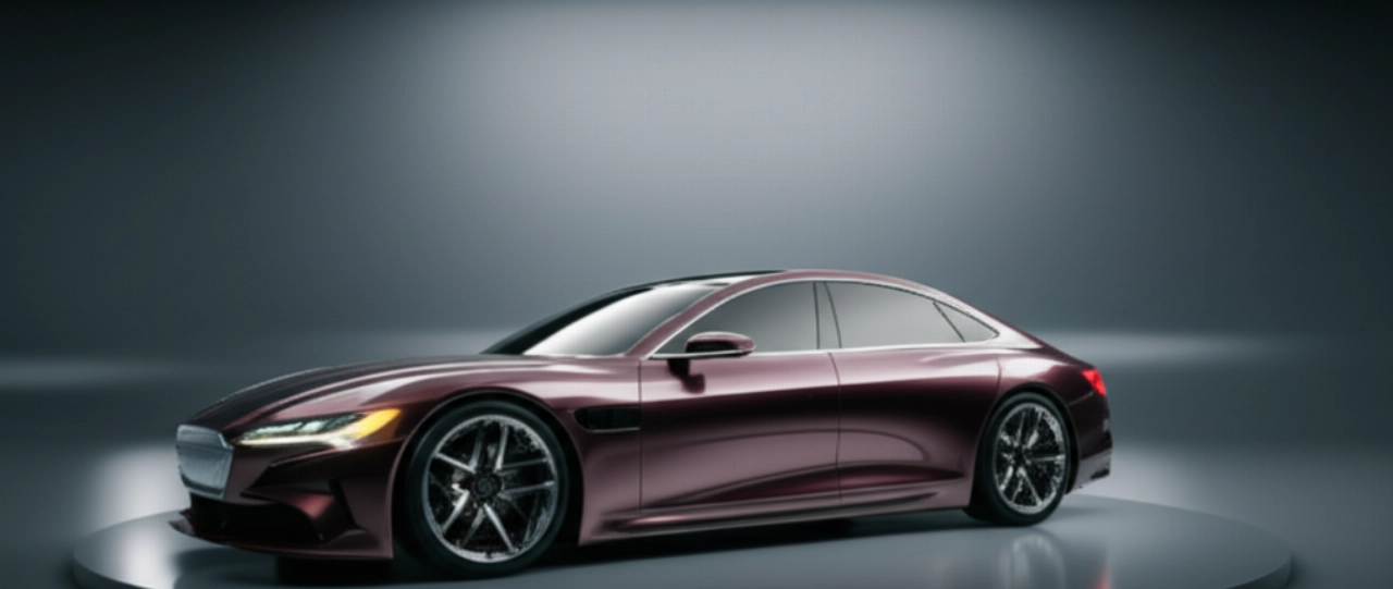 Un'auto di lusso configurata su misura esposta su una piattaforma minimalista in uno showroom virtuale high-tech, che ne evidenzia le caratteristiche personalizzate.