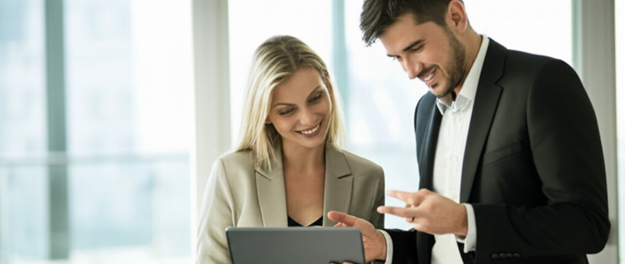 Una donna e un uomo caucasici in uno spazio di lavoro moderno, con espressione soddisfatta per una soluzione configurata o un preventivo finale visualizzato su uno schermo.