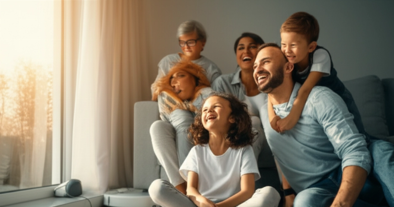 Famiglia caucasica felice in un soggiorno pulito, mostrando sottilmente un prodotto per la casa che migliora il comfort e il benessere.
