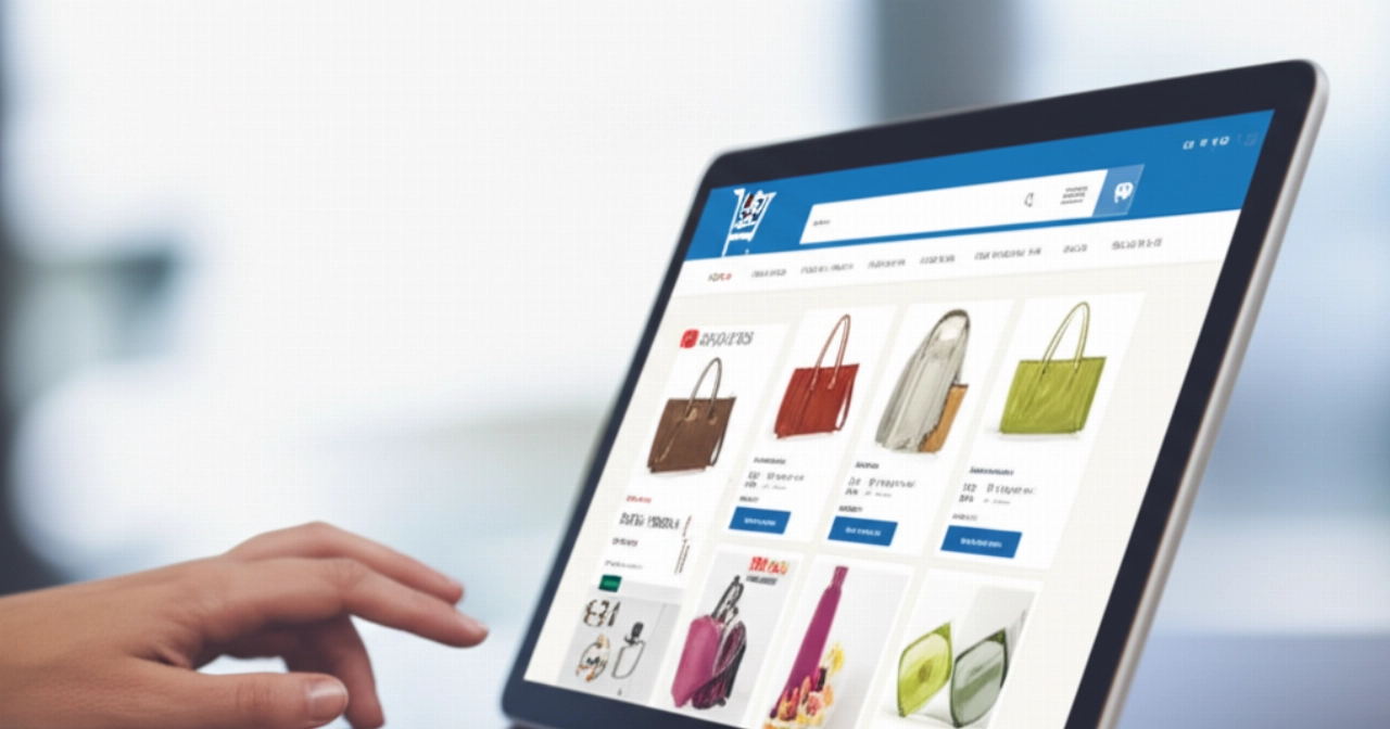 Una vetrina di sito e-commerce vibrante e moderna visualizzata su uno schermo, con le mani di un individuo caucasico che interagiscono sottilmente in primo piano, a simboleggiare un business online di successo.