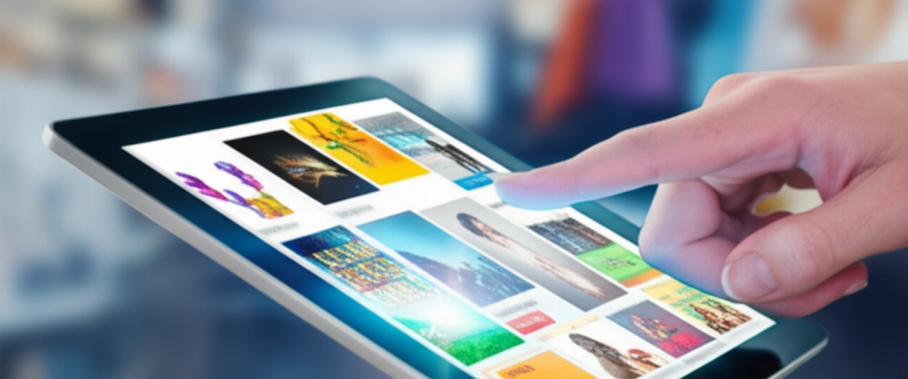 Un primo piano di una mano caucasica che tocca un tablet che mostra varie copertine di libri digitali in un negozio online, rappresentando un facile accesso alle soluzioni di pubblicazione e-commerce.