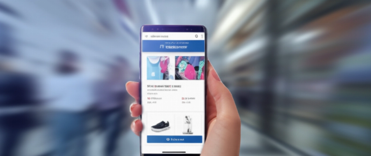 Primo piano iperrealistico di una mano caucasica che tiene uno smartphone con un'interfaccia PWA e-commerce a caricamento rapido, simboleggiando lo shopping mobile senza interruzioni in un ambiente di vendita al dettaglio moderno.