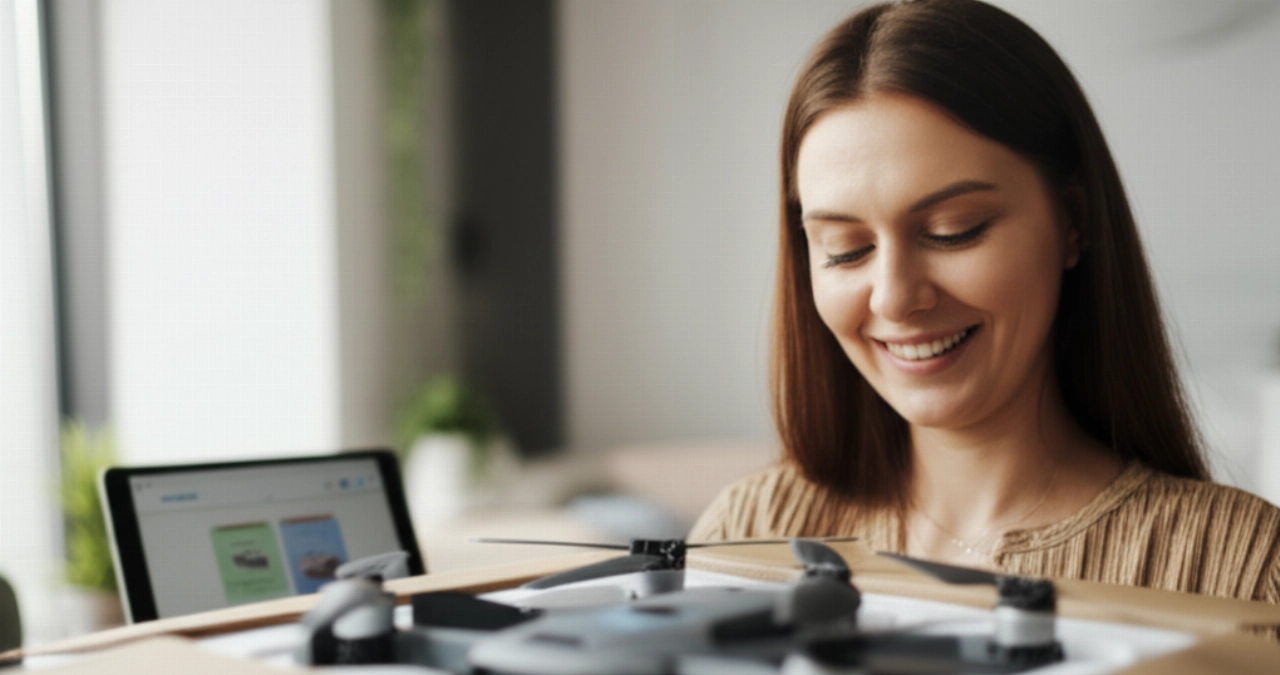 Una donna caucasica sorridente che spacchetta un drone hi-tech a noleggio in un elegante appartamento, con un tablet che mostra una piattaforma di noleggio sullo sfondo, a simboleggiare l'esperienza di noleggio gioiosa e senza interruzioni.