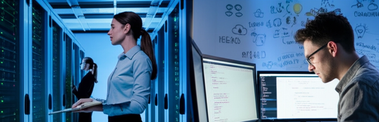 Un'immagine divisa che contrappone SaaS e Open Source: a sinistra, una professionista IT caucasica monitora con sicurezza i server in un data center sicuro (sicurezza/supporto SaaS); a destra, uno sviluppatore caucasico programma intensamente in un ambien