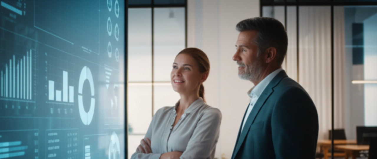 Una responsabile delle vendite e un collega caucasici esaminano metriche di vendita positive su una grande dashboard del portale B2B in un ufficio moderno, simboleggiando un'integrazione di successo.