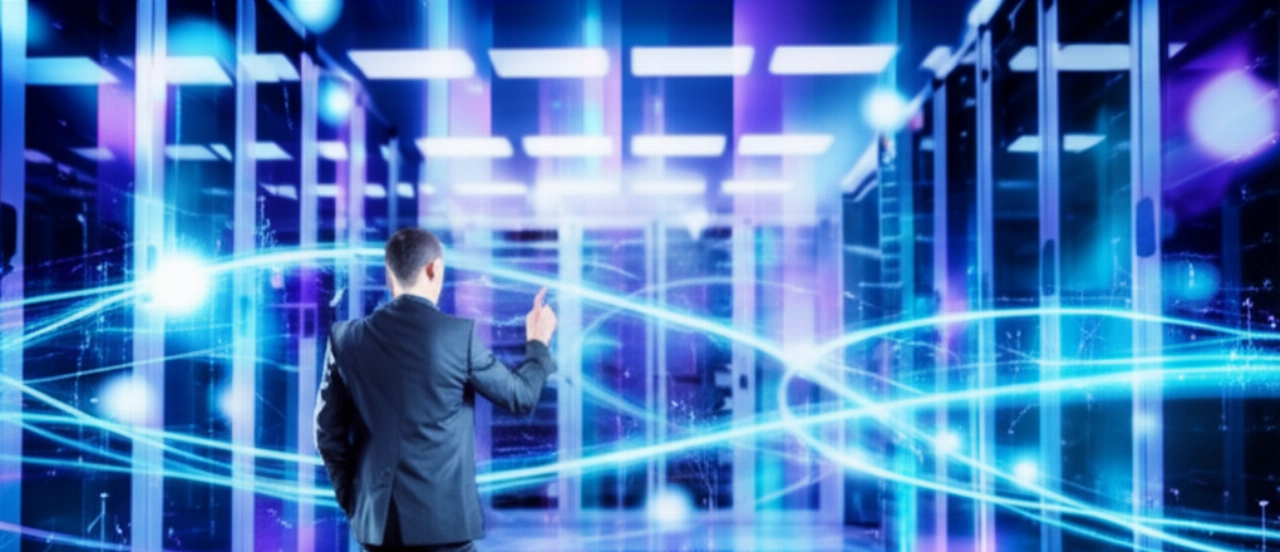 Rappresentazione astratta del flusso di dati e del cloud computing, con un professionista caucasico che supervisiona i sistemi digitali, simboleggiando efficienza e innovazione.
