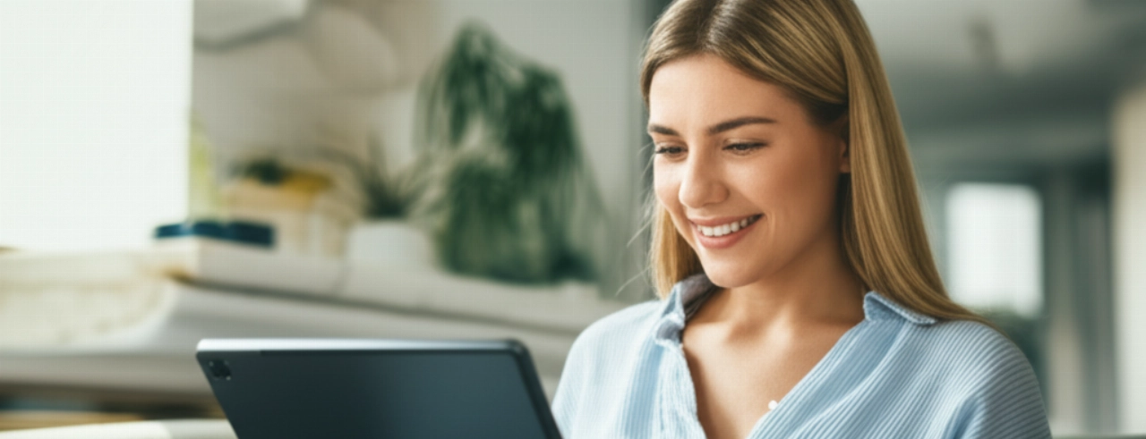 Una donna caucasica che gode di un'esperienza cliente digitale senza interruzioni su un tablet, illustrando l'e-commerce moderno e il design incentrato sull'utente.