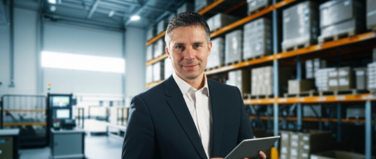 Dirigente d'azienda caucasico in un magazzino moderno, che simboleggia l'integrazione e-commerce SAP B2B di successo.