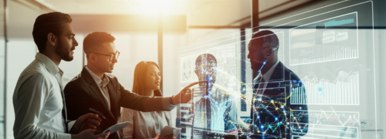 Eine heterogene Gruppe kaukasischer Geschäftsleute arbeitet in einem modernen Büro zusammen und betrachtet ein ausgeklügeltes E-Commerce-Analyse-Dashboard auf einem großen digitalen Display, was die nahtlose Integration und datengesteuerte Entscheidungen 