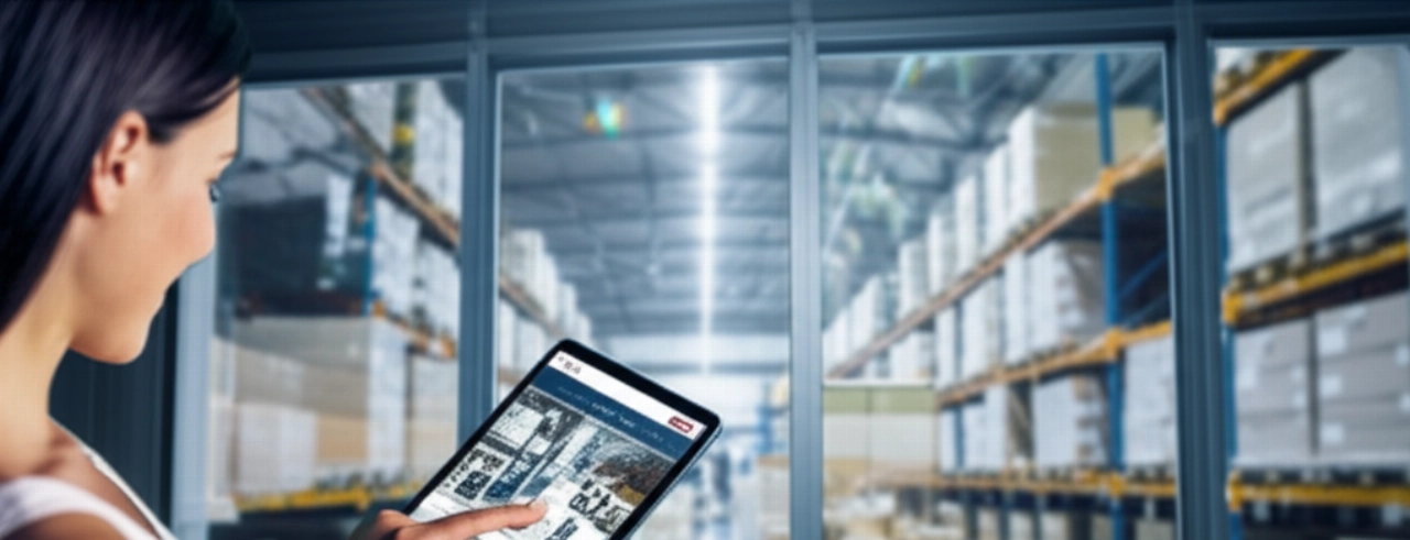 Eine kaukasische Frau surft glücklich auf einer E-Commerce-Website über ein Tablet, mit einem leicht unscharfen, aber sichtbaren automatisierten Lager im Hintergrund, was ein reibungsloses Kundenerlebnis und eine effiziente Backend-Logistik symbolisiert.
