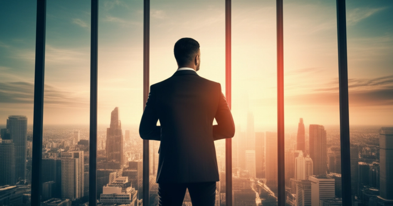 Ein selbstbewusster kaukasischer Unternehmer steht in einem modernen Büro in einem Wolkenkratzer mit Blick auf eine futuristische Stadtlandschaft bei Sonnenuntergang, was strategisches Wachstum und Erfolg durch optimierte E-Commerce-Integration symbolisie