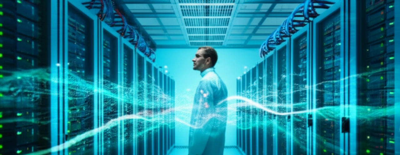 Visione iperrealistica di un data center ad alta tecnologia con flussi di dati luminosi, che simboleggiano l'integrazione e-commerce SAP efficiente e i costi ottimizzati.