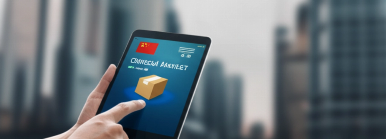 Una mano caucasica che tiene un tablet che mostra una transazione online di successo per il mercato cinese, con uno sfondo urbano sfocato.