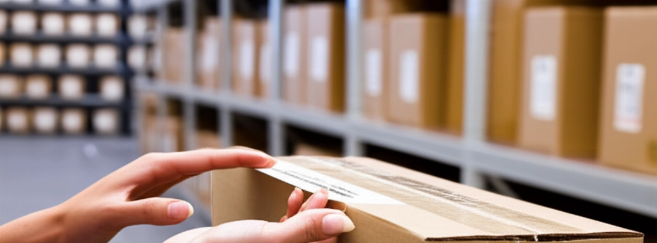 Mani caucasiche che imballano con cura una scatola di prodotto generica in un moderno centro di evasione ordini e-commerce europeo, rappresentando una spedizione online efficiente.