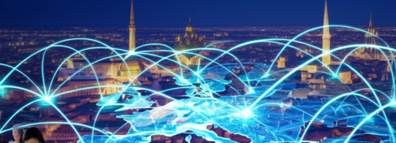 Una rete digitale che si sovrappone a una mappa europea, con diversi individui caucasici che interagiscono con i dispositivi, simboleggiando la vendita online interconnessa in tutta Europa.
