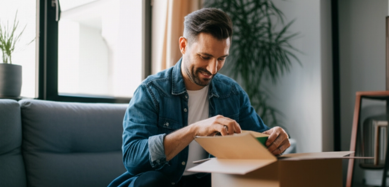 Immagine iperrealistica di un uomo caucasico in un moderno soggiorno tedesco, che scarta felicemente un ordine online, simboleggiando il successo dell'e-commerce in Germania.