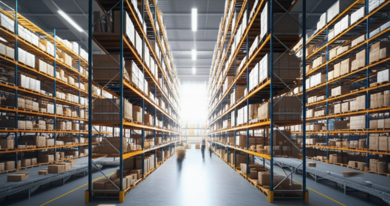Immagine iperrealistica di un moderno e vasto centro di smistamento e-commerce in Germania, che mostra logistica efficiente e sistemi automatizzati per la vendita online.