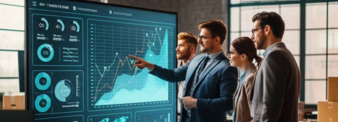 Un team collaborativo di professionisti caucasici analizza i grafici di crescita dell'e-commerce su un grande schermo, a significare innovazione e scalabilità raggiunte attraverso soluzioni aziendali alternative.