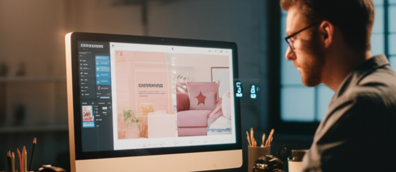 Un designer caucasico personalizza meticolosamente un negozio online unico su un grande monitor, evidenziando il potere delle piattaforme e-commerce flessibili per il branding e il design su misura.