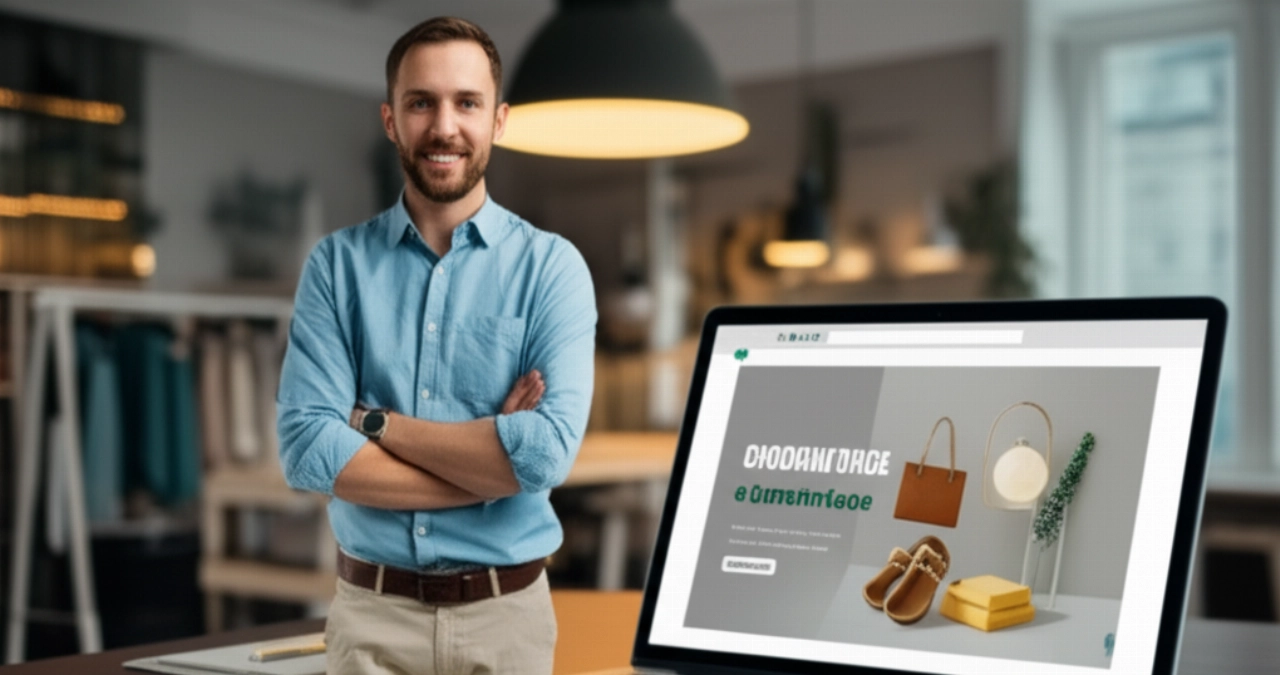 Un imprenditore caucasico sorridente che visualizza con orgoglio il suo negozio e-commerce Shopify di successo su un tablet, simboleggiando crescita e successo con lo sviluppo professionale.