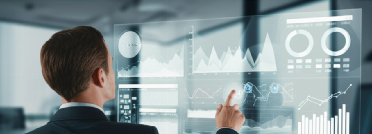 Un analista di dati caucasico che interagisce con un display futuristico di analisi e-commerce Shopify, illustrando strategie basate sui dati per l'ottimizzazione del negozio online.