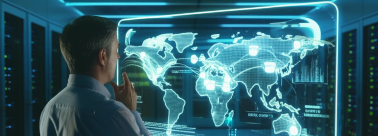 Un uomo caucasico che osserva una mappa olografica del mondo in un centro dati, simboleggiando la portata globale e la scalabilità dell'e-commerce.