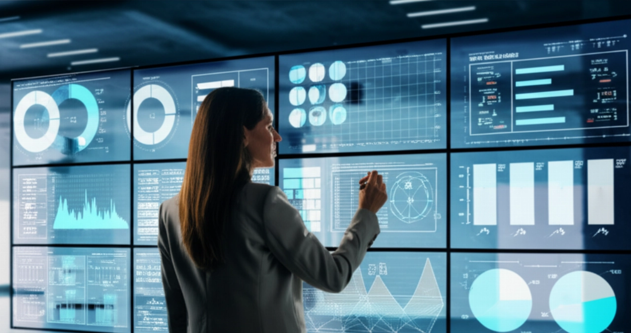 Una CEO caucasica prende decisioni informate interagendo con un grande display digitale di analisi dati B2B, simboleggiando una leadership basata sui dati.