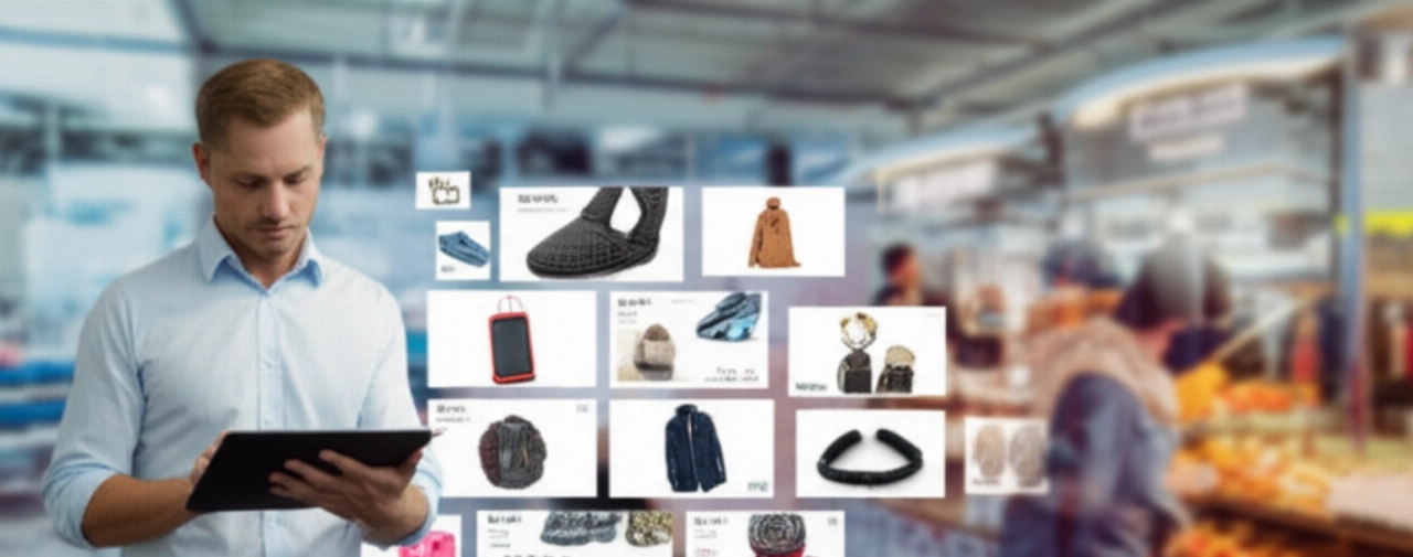 Ampia inquadratura iperrealistica di un marketplace digitale con un commerciante caucasico che visualizza prodotti in varie valute, a simboleggiare diversi mercati globali.